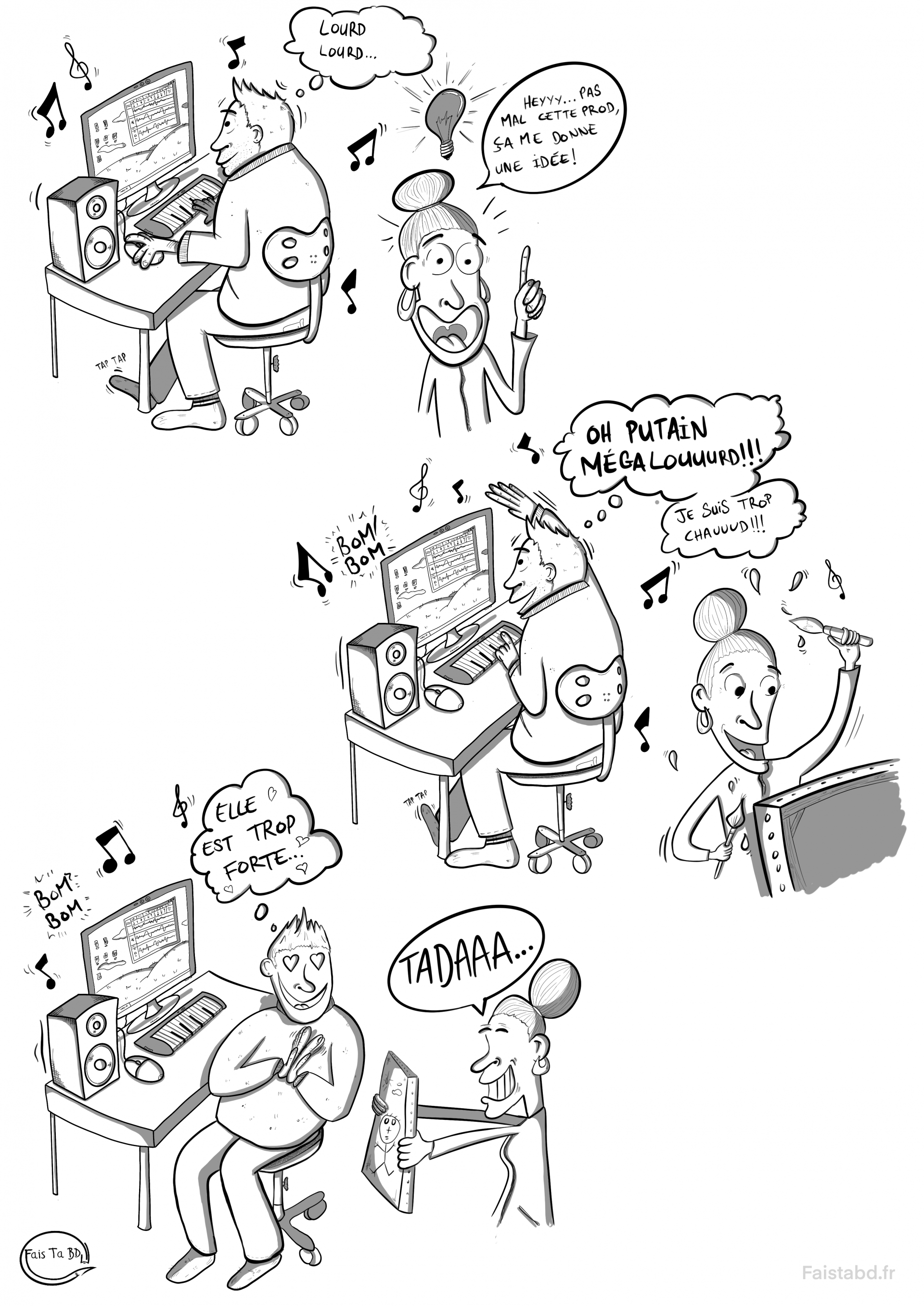 Offrez à votre ami un cadeau unique pour son anniversaire avec une bande dessinée personnalisée de 3 cases. Mise en avant de leurs passions, peinture pour l'un et beatmaking pour l'autre. Commandez dès maintenant chez Faistabd.fr.