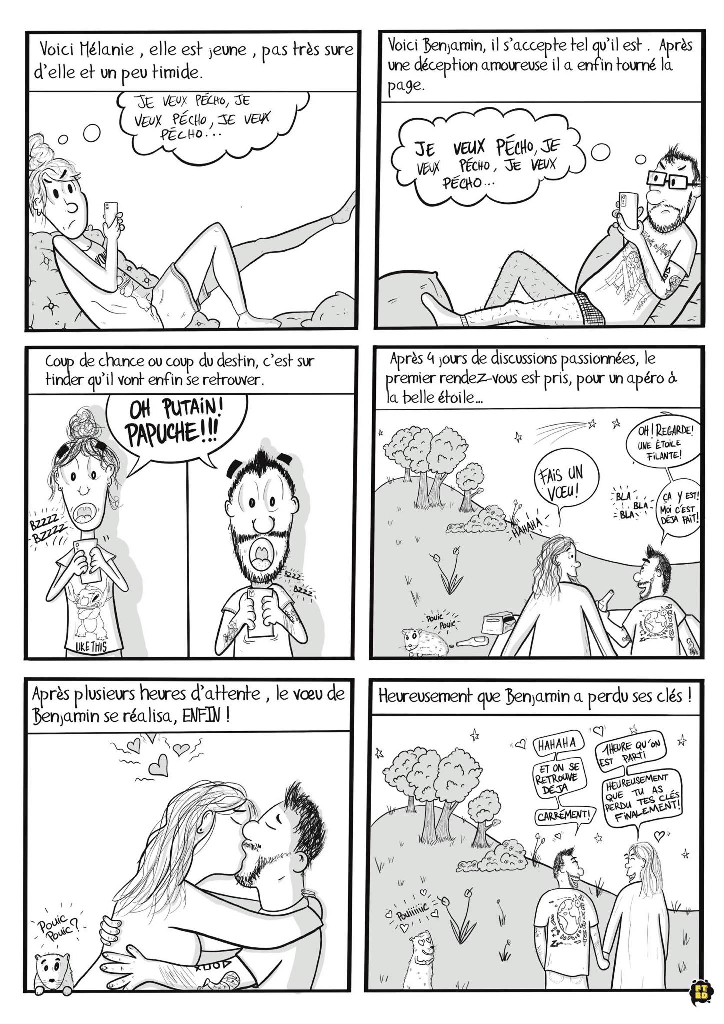 Bande dessinée sur mesure : L'histoire d'amour de Mélanie et Benjamin, de leur première rencontre à leur amour grandissant, capturée avec tendresse et créativité.