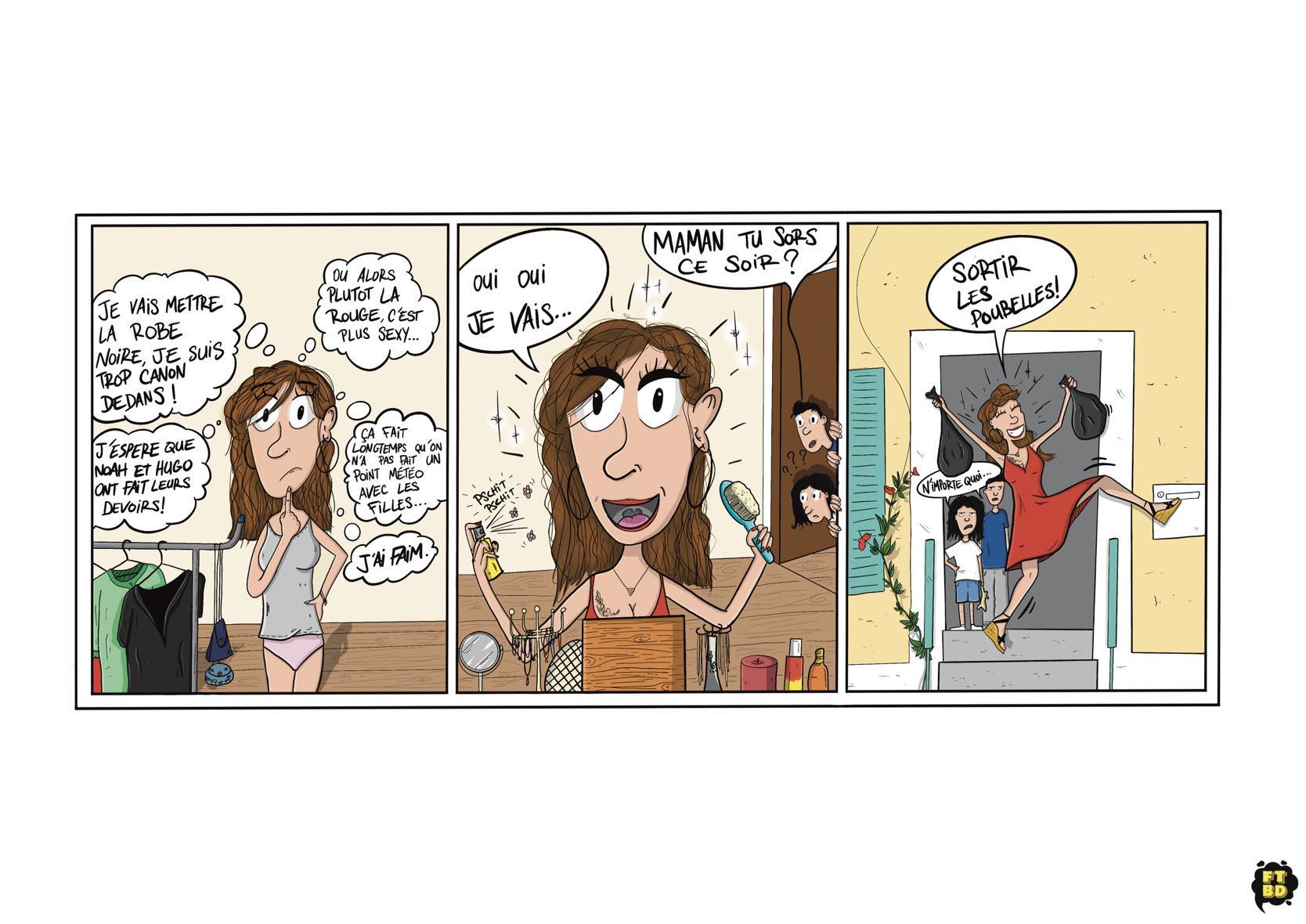 Cadeau d'anniversaire unique : Aline offre à Aurélie une BD en 3 cases pour ses 40 ans. Dans cette scène amusante, Aurélie, élégante et espiègle, se prépare avec soin pour une tâche quotidienne pas si ordinaire : sortir les poubelles. Un clin d'œil plein d'humour pour marquer ce moment spécial.