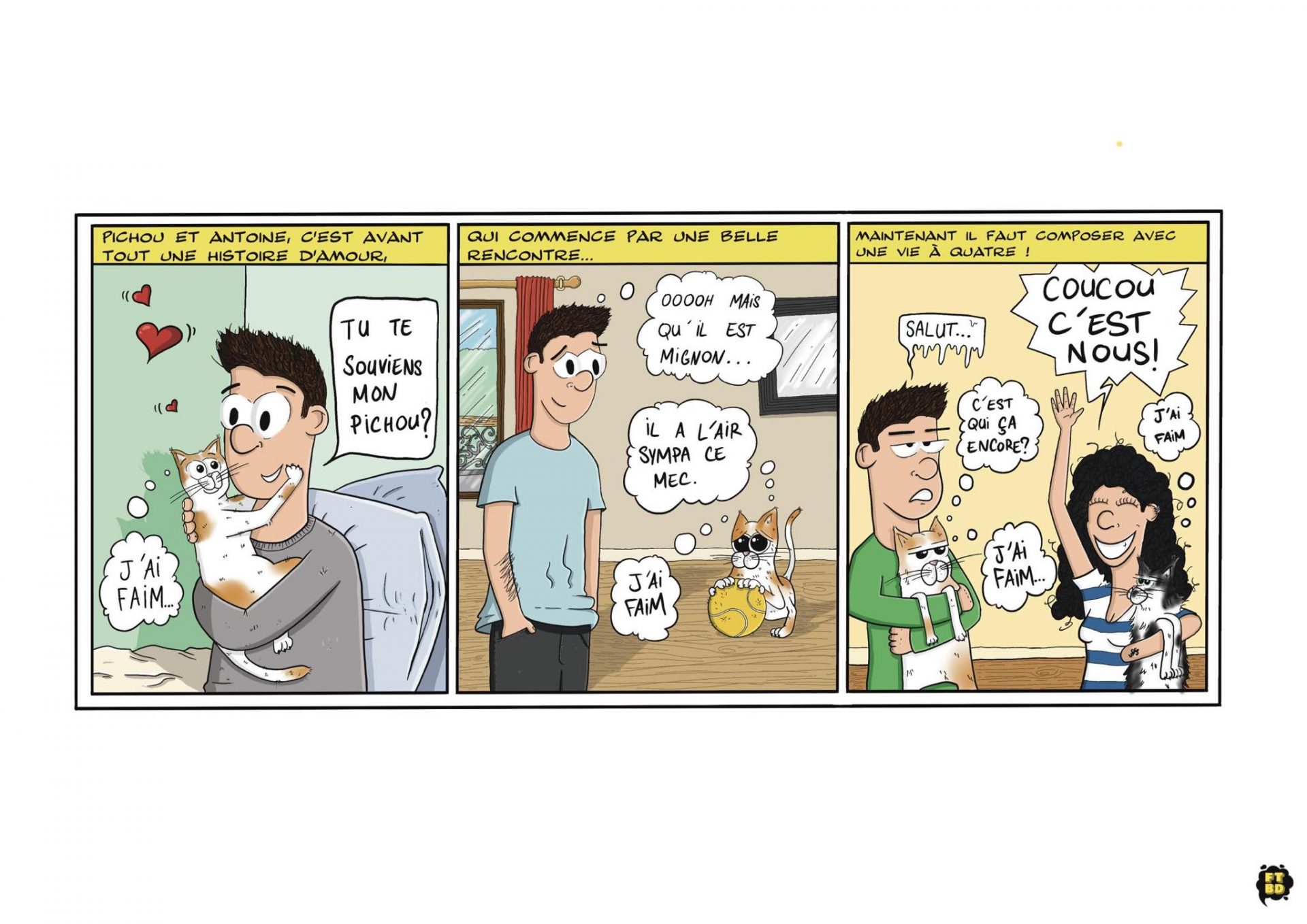 Explorez la bande dessinée de 3 cases que Leila a offerte, retraçant la rencontre entre Antoine et son chat, ainsi que l'adorable rencontre entre Antoine, son chat Pichou, Leila et son compagnon félin. Un récit unique en images à découvrir